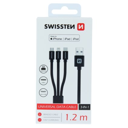 Dátový kábel Swissten textile 3in1 mfi 1,2 m čierny