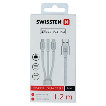 Dátový kábel Swissten textilný 3v1 mfi 1,2 m strieborný