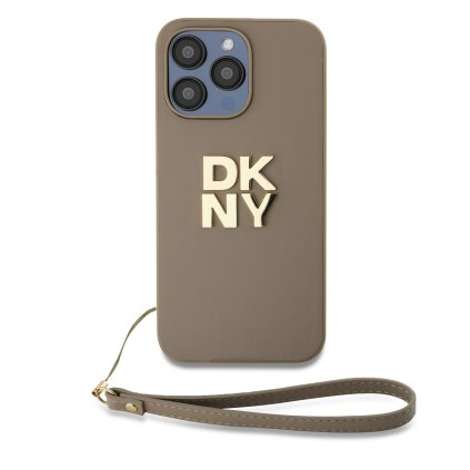 Zadný kryt DKNY PU Leather Stack Logo Wrist Strap pre iPhone 14 Pro Max Beige