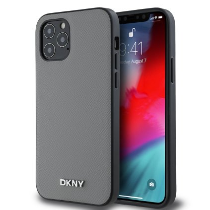 DKNY PU kožený zadný kryt Silver Metal Logo Magsafe pre iPhone 12/12 Pro Grey