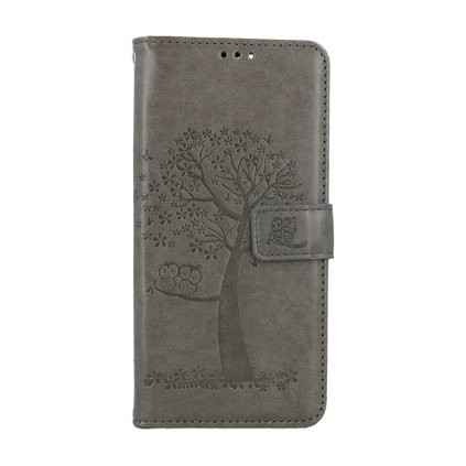 Flipové puzdro TopQ pre Xiaomi Redmi Note 13 Pro, sivé s motívom stromu a sovičiek