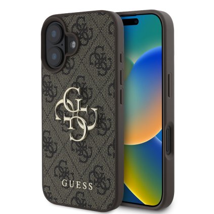 Originálny zadný kryt Guess PU 4G Metal Logo pre iPhone 16 Brown