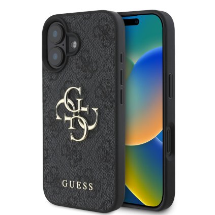 Originálny zadný kryt Guess PU 4G Metal Logo pre iPhone 16 Grey