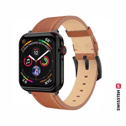 Remienok Swissten pre Apple Watch kožený 42 - 44 - 45 - 49 mm hnedý (čierna pracka a čierné pútko)