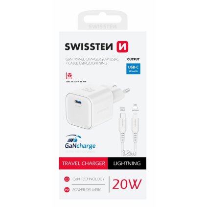 Rýchlonabíjačka Swissten + dátovy kábel Lightning 1,2 m 20 W biela
