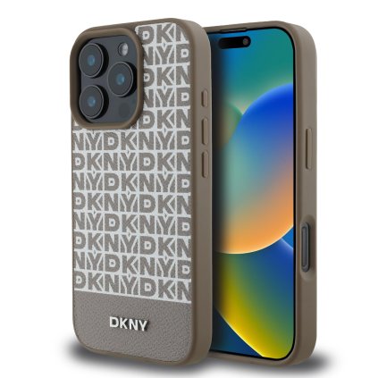 Zadný Kryt DKNY PU Leather Repeat Pattern Bottom Stripe MagSafe pre iPhone 16 Pro Brown