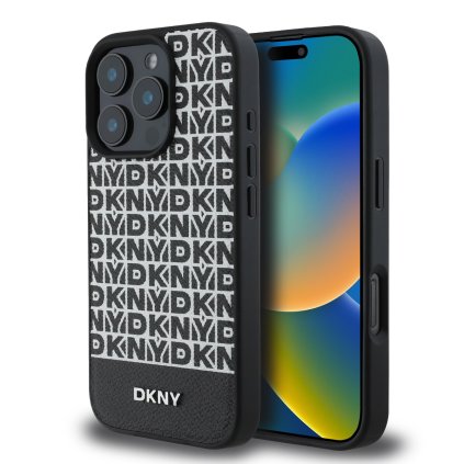 Zadný kryt DKNY PU Leather Repeat Pattern Bottom Stripe MagSafe pre iPhone 16 Pro Max Black