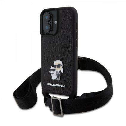 Zadný kryt Karl Lagerfeld Saffiano Crossbody Strap Metal Karl and Choupette pre iPhone 16 Black