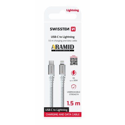 Datový kabel Swissten ARAMID REINFORCED USB C Lightning 1,5 m bílý