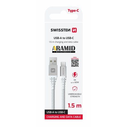 Datový kabel Swissten ARAMID REINFORCED USB A USB C 1,5 m bílý