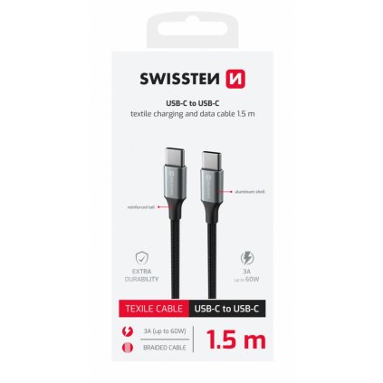 Dátový kábel Swissten Textile II USB-C na USB-C 1,5 m čierny