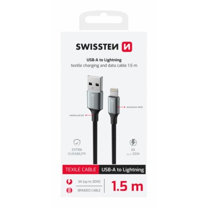 Dátový kábel Swissten Textile II USB-A - Lightning 1,5 m čierny