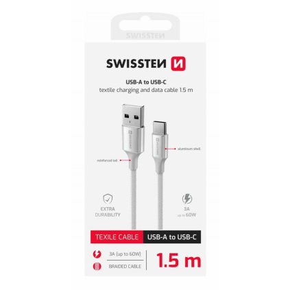 Dátový kábel Swissten Textile II USB-A - USB-C 1,5 m biely