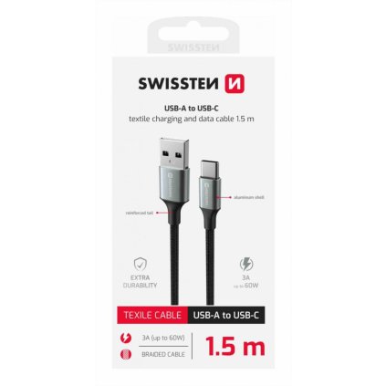 Dátový kábel Swissten Textile II USB-A - USB-C 1,5 m čierny