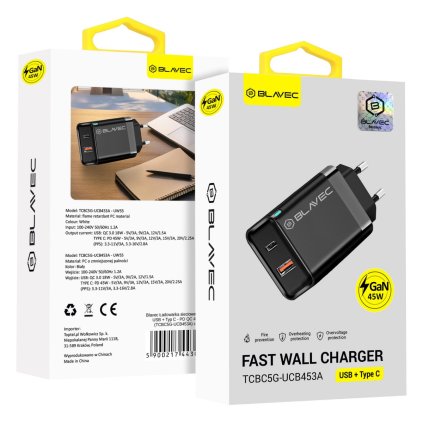 Adaptér Blavec BC5 GaN s rýchlym nabíjaním Dual 45W 3A (TCBC5G-UCB453A) čierny