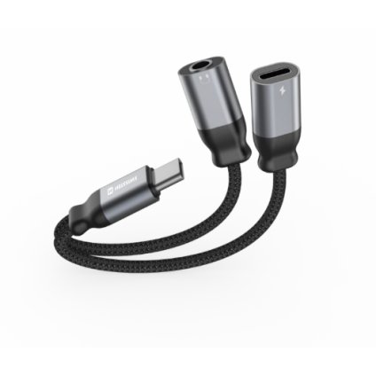 Nabíjací audio adaptér Swissten Textile USB-C - USB-C a 3,5 mm aux 0,12 m čierny