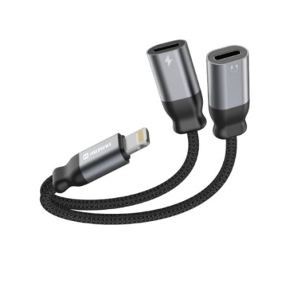 Nabíjací audio adaptér Swissten Textile Lightning - 2x Lightning 0,12 m čierny
