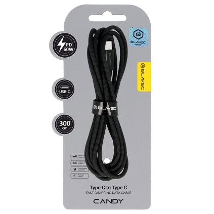 Dátový kábel Blavec Candy Braided USB-C - USB-C PD 60W 3A 3m (CCA-CC3B30) čierny