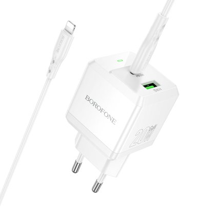 Rýchlonabíjačka Borofone BN19 Intenso GaN s dátovým káblom Lightning 20W biela