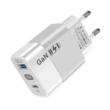 Adaptér Techsuit GaN 65W s funkciou rýchlonabíjania biely