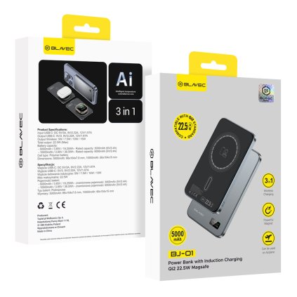 Bezdrôtová powerbanka Blavec BJ01 Ultra Slim 7,8 mm 5000 mAh USB-C s funkciou rýchlonabíjania 22,5 W 3v1 MagSafe (PBBJ01-MC5G) sivá