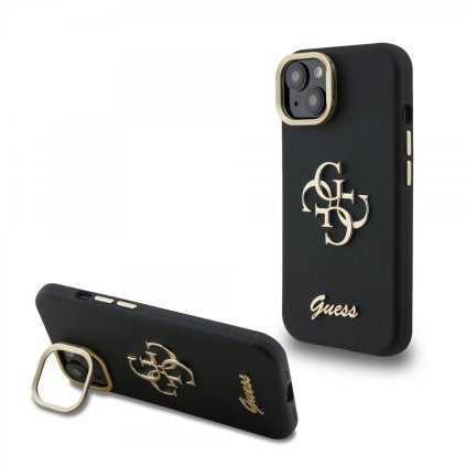 Zadný kryt Guess PU Grained 4G Logo Stand Camera Frame pre iPhone 15 Čierny