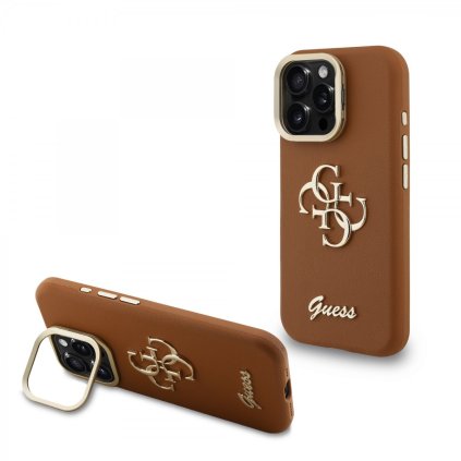 Zadný kryt Guess PU Grained 4G Logo Stand Camera Frame pre iPhone 16 Pro Max Hnedý