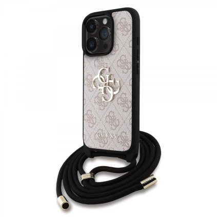 Zadný kryt Guess PU 4G Metal Logo Crossbody Popruh pre iPhone 16 Pro Max Ružový