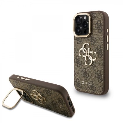 Zadný kryt Guess PU 4G Metal Logo Stand Camera Frame pre iPhone 16 Pro Max Hnedý