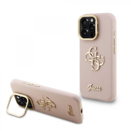 Zadný kryt Guess PU Grained 4G Logo Stand Camera Frame pre iPhone 15 Pro Ružový