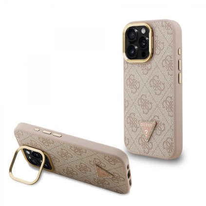 Zadný kryt Guess PU 4G so štrasom, trojuholníkovým logom, stojanom, rámikom fotoaparátu a MagSafe pre iPhone 15 Pro Max, ružový