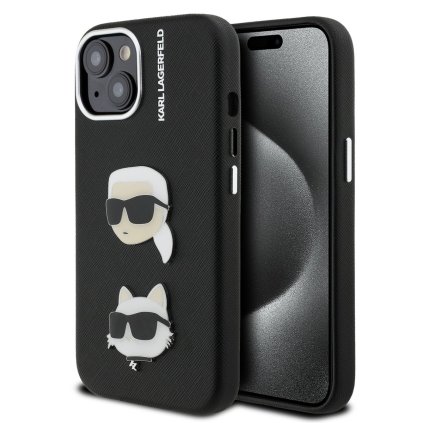 Zadný kryt Karl Lagerfeld Grained PU K&CH Heads pre iPhone 15 Čierny