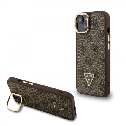 Zadný kryt Guess PU 4G Strass Triangle Logo Stand Camera Frame MagSafe pre iPhone 13 Hnedý