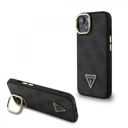 Zadný kryt Guess PU 4G Strass Triangle Logo Stand Camera Frame MagSafe pre iPhone 14 Čierny