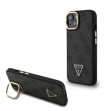 Zadný kryt Guess PU 4G Strass Triangle Logo Stand Camera Frame MagSafe pre iPhone 15 Čierny