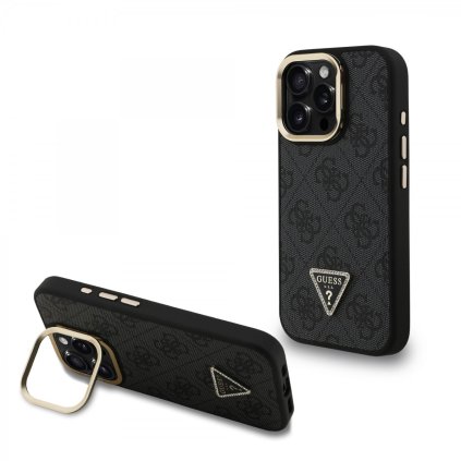Zadný kryt Guess PU 4G Strass Triangle Logo Stand Camera Frame MagSafe pre iPhone 15 Pro Black