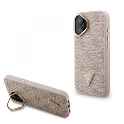 Zadný kryt Guess PU 4G Strass Triangle Logo Stand Camera Frame MagSafe pre iPhone 16 Ružový