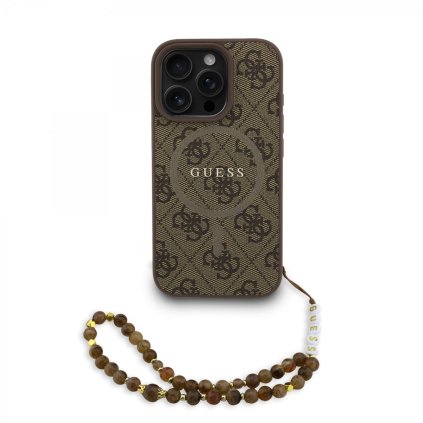 Zadný kryt Guess PU Leather 4G Colored Ring Strap MagSafe pre iPhone 16 Pro hnedý
