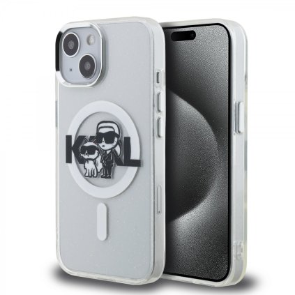 Zadný kryt Karl Lagerfeld IML Glitter Karl a Choupette Sketch MagSafe pre iPhone 15 Transparentný