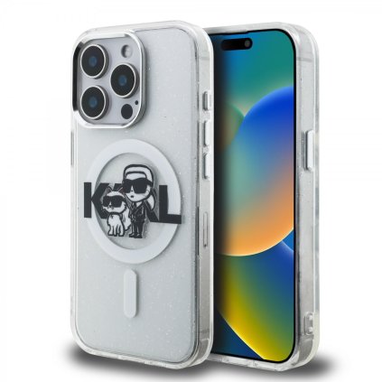 Zadný kryt Karl Lagerfeld IML Glitter Karl a Choupette Sketch MagSafe pre iPhone 15 Pro Transparentný