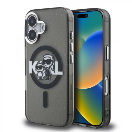 Zadný kryt Karl Lagerfeld IML Glitter Karl a Choupette Sketch MagSafe pre iPhone 16 Čierny