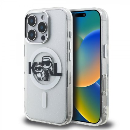 Zadný kryt Karl Lagerfeld IML Glitter Karl a Choupette Sketch MagSafe pre iPhone 16 Pro Transparentný