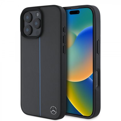 Zadný kryt Mercedes Leather Blue Stripe MagSafe pre iPhone 16 Pro antracitová šedá