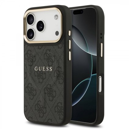 Zadný kryt Guess PU Leather 4G Gold Frame MagSafe pre iPhone 17 Pro, čierny