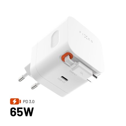 Sieťová GaN nabíjačka FIXED s 2xUSB-C podpora PD 3.0 so samonavíjacím káblom 65W biela