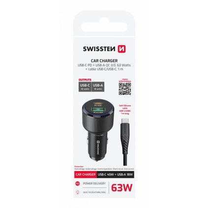 Rýchlonabíjačka do auta Swissten USB-A USB-C PD 63W + dátový kábel USB-C 1 m čierna