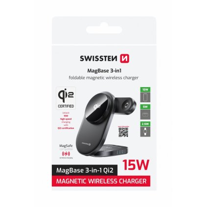 Skladacia bezdrôtová nabíjačka Swissten QI2 Magbase 3v1 čierna (kompatibilná s magsafe)