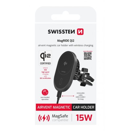 Magnetický držiak do ventilácie auta Swissten Magride s bezdrôtovým nabíjaním QI2 15W (kompatibilný s magsafe)