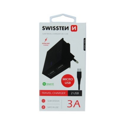 Nabíjačka Swissten microUSB Dual Smart IC 3A čierna