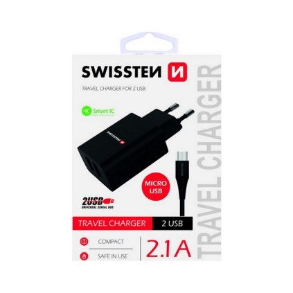 Nabíjačka Swissten microUSB Dual Smart IC 2,1 A čierna